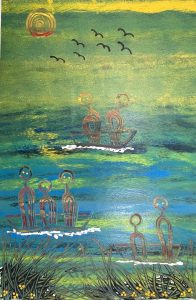 Vibrant Aboriginal artwork by Fiona Omeenyo, a celebrated Lockhart River artist, available at our Cairns art gallery.