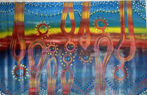 Vibrant Aboriginal artwork by Fiona Omeenyo, a celebrated Lockhart River artist, available at our Cairns art gallery