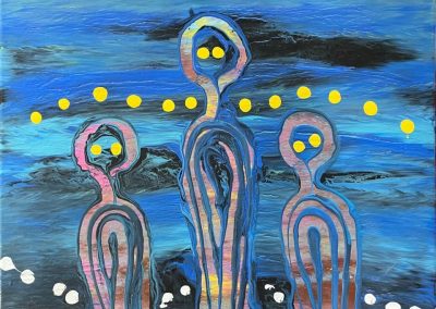 Vibrant Aboriginal artwork by Fiona Omeenyo, a celebrated Lockhart River artist, available at our Cairns art gallery.